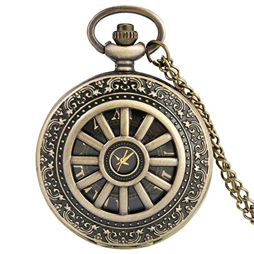 DSHUJC Reloj de Bolsillo de Cuarzo con Caja de Engranajes de Rueda Hueca de Bronce Retro Antiguo, Collar con números Romanos para Hombres y Mujeres, Cadena Colgante, r