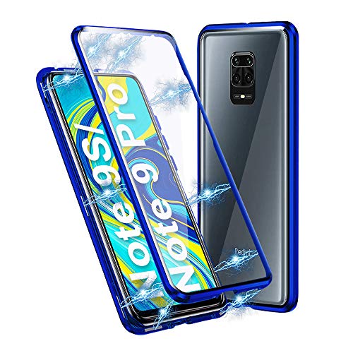 Ellmi Funda para Xiaomi Redmi Note 9S/Note 9 Pro, Adsorción Magnética Parachoques de Metal con 360 Grados Protección Case Cover Transparente Ambos Lados Vidrio Templado Cubierta, Azul