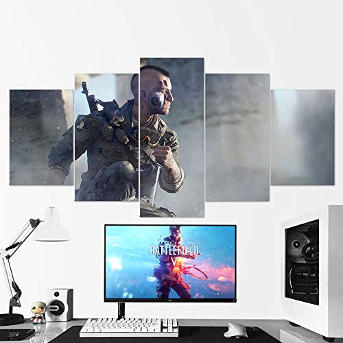 ES-CO Battlefield, Héroes de Battlefield, Hardline, Combate moderno, lienzo de 5 piezas, lienzo para juegos, decoración de pared, póster enmarcado de Battlefield 07 (mediano 99 x 58,4 cm)