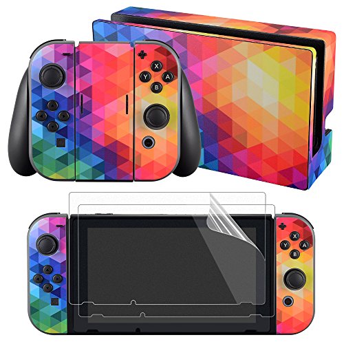 eXtremeRate Conjunto Completo de Pegatinas Cubierta Adhesiva Protectora de Piel Kit de protección para Consola Joy-con Radiador de Nitendo Switch con 2 Protectores de Pantalla Colorful Triangle