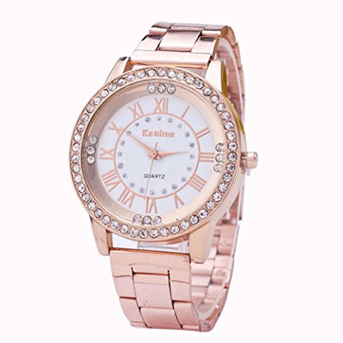 FAMILIZO Mujeres Hombres Elegante Moda De Cristal Rhinestone De Acero Inoxidable Reloj De Cuarzo Analógico De Cuarzo (Oro rosa)