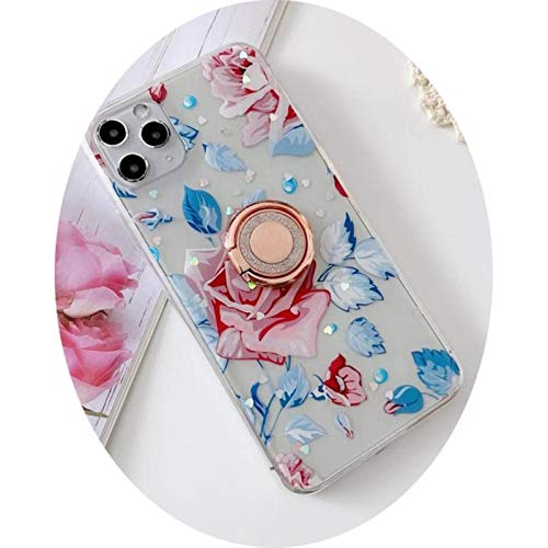 Fashion Rose Flower 3D Diamond Ring Bracket Love Heart Silicone Soft Cover for iPhone 12 11Pro MAX XS XR SE2 7 8plus Phone Case,with Ring,for iPhone 8