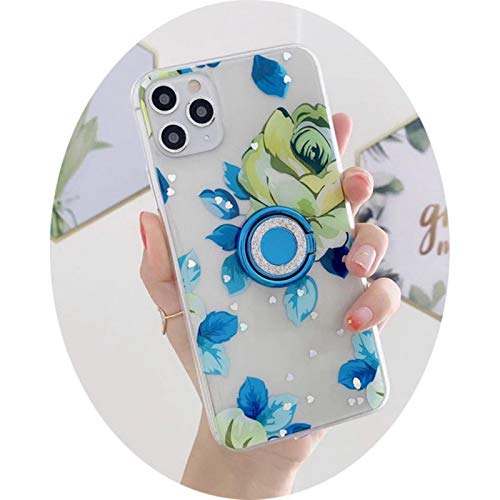 Fashion Rose Flower 3D Diamond Ring Bracket Love Heart Silicone Soft Cover for iPhone 12 11Pro MAX XS XR SE2 7 8plus Phone Case,with Ring,for iPhone XS