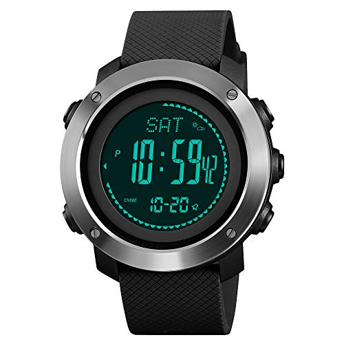 FeiWen Unisex Outdoor Militar Deportivo Digitales Brújula Relojes de Pulsera LED Electrónica Multifuncional Pulsómetro Altímetro Termómetro Alarma Reloj Plástico Bisel con Goma Correa (Negro 2)