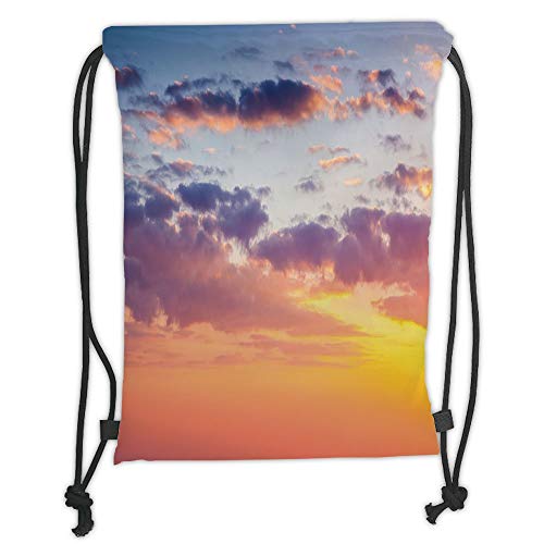 Fevthmii Drawstring Backpacks Bags,Sky,Dramatic Sky Picture with Sunset Time Clouds and Tranquility Idyllic View,Peach Yellow Pale Blue Soft Satin,5 Liter Capacity,Adjustable String Closure