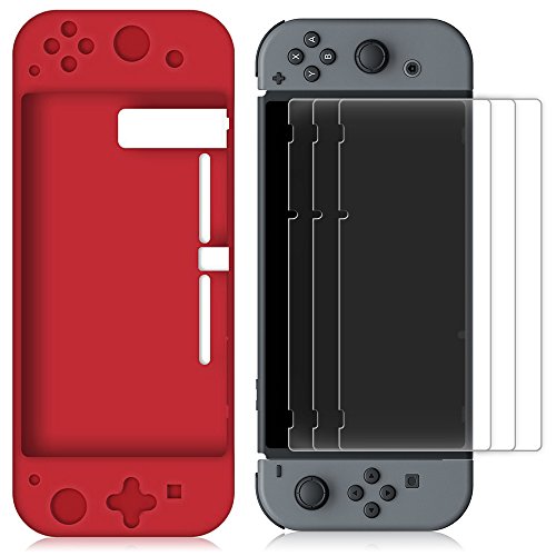 Funda de Silicona para Switch con 3 Protector de Pantalla, FineGood Protector Suave Anti-Deslizante Volver Funda con Anti-Scratch PelÃculas PET PelÃculas - Rojo