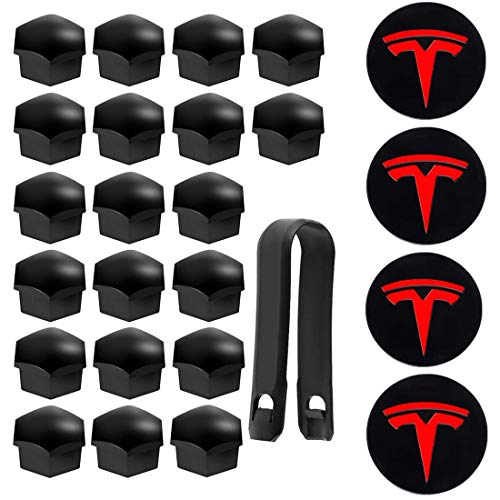 Gebildet 20Pcs Tapas de Tuerca de Rueda, Tapas de Tuerca de Perno de Rueda, Tapas de Tuerca de Neumático Hexagonales para Te-sla Model 3 Model S Model X + 4Pcs Logotipo Central (Alto Brillo, Negro)