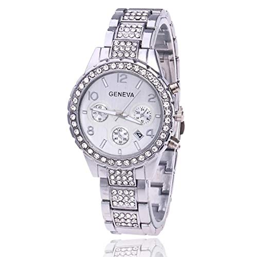 Geneva - Reloj de pulsera para mujer, color plateado y oro rosa, adornado con deslumbrantes circonitas cúbicas y diamantes de imitación con fecha y correa de metal MK (plata)