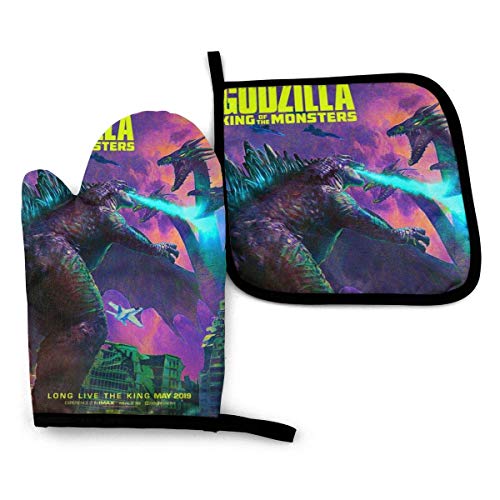 Godzilla Monsters King of The Monsters - Juego de guantes y porta ollas retro resistentes al calor para horno, guantes de cocina antideslizantes, duraderos, resistentes, resistentes al agua, excelente