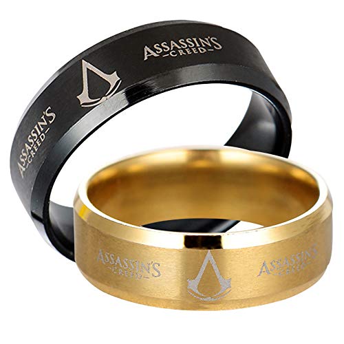 HFSKJWI Assassin'S Creed Anillo de Acero de Titanio,Anillo de Hombre con Letras Cepilladas,Periféricos de Juego de Animación,Negro y Dorado,2 Piezas,No. 12