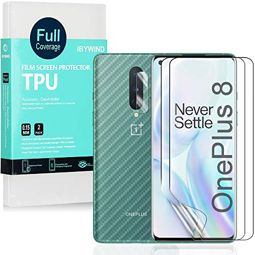 Ibywind Protector de Pantalla para OnePlus 8 [2 Piezas],con Protector de Lente de Cámara,Atrás Pegatina Protectora Fibra de Carbono,[Admite la función de Huella Digital]