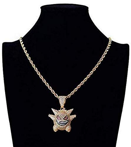 IUwnHceE Pokemon Pokemon Gengar Collar de Cristal Collar de Hip Hop heló hacia Fuera Rhinestone con 24" Cable de Acero Inoxidable para los Hombres de Las Mujeres del Oro