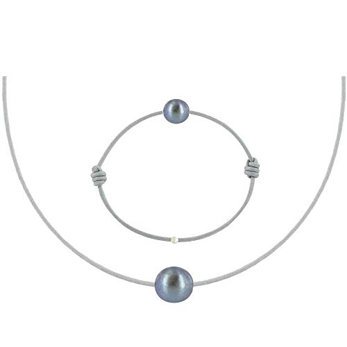 Joyas Les Poulettes - Conjunto Collar y Pulsera Perla de Cultura Cultivada Negra y Enlace - Classics - Gris Claro