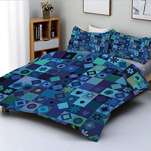 Juego de funda nórdica, juego de cartas inspiradas en corazones, círculos, cuadrados, flores, imagen moderna, decorativo, juego de cama de 3 piezas con 2 fundas de almohada, azul, verde, negro y morad