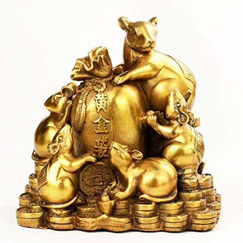 KAUTO Estatua de la Riqueza de Feng Shui, latón, Cinco Ratas, estatuilla de la Fortuna, Escultura, decoración de Regalo, atrayendo Riqueza y Buena Suerte, latón