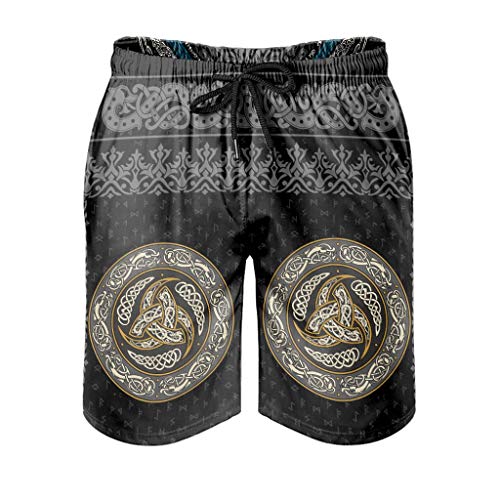 kikomia Pantalones cortos de playa para hombre, estilo vikingo, triple, cuerno de Odin Dragón, celta, nudo celta, impresión vacaciones, ropa de playa, con bolsillos, forro de malla, blanco, XL