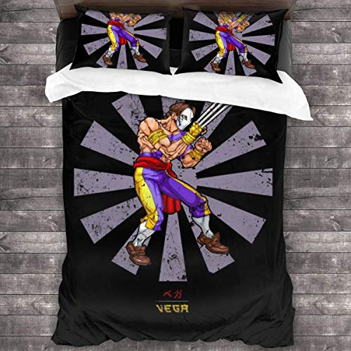 Knncch Vega Retro Japanese Street Fighter Juego de Cama de 3 Piezas Funda nórdica Juego de Cama Decorativo de 3 Piezas con 2 Fundas de Almohada