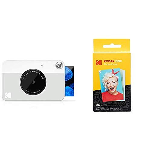 KODAK PrintomaticCámara de impresión instantánea, Imprime en Papel Zink 5 x 7.6 cm con Respaldo Adhesivo, Gris + Papel Fotográfico Zink Premium de 2X3 Pulgadas (20 Hojas)