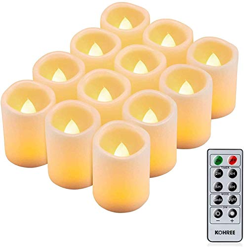 Kohree 12x Velas LED Sin Fuego de temporizador Control remoto brillo ajustable Realista brillante Parpadeo con pilas sin llama LED que parpadean san valentín decoración Navidad hogar festivales bodas