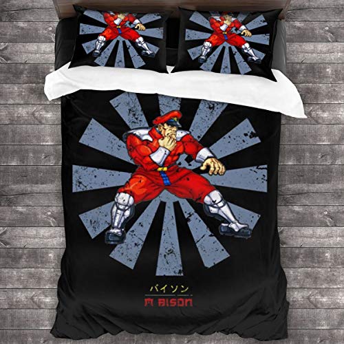 KUKHKU M Bison - Juego de ropa de cama de 3 piezas, diseño retro japonés Street Fighter, juego de cama decorativo de 3 piezas con 2 fundas de almohada