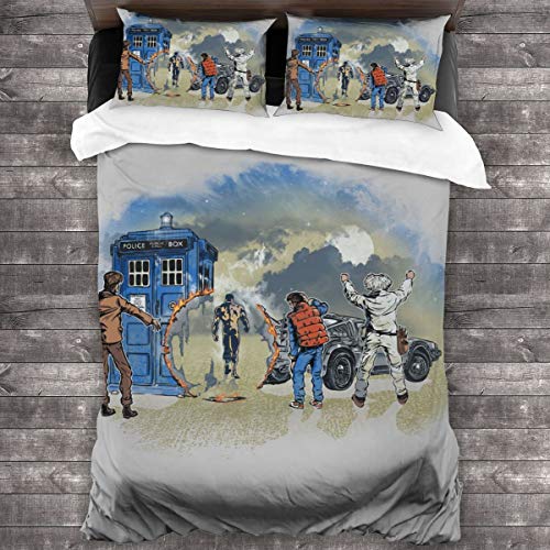 KUKHKU Time Travelers Doctor Who Terminator Back To The Future Juego de cama de 3 piezas, funda de edredón de 86 x 70 pulgadas, decorativa de 3 piezas con 2 fundas de almohada