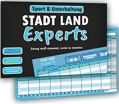 Kulinu Stadt Land Experts – El innovador Stadt Land Fluss Spiel für verdadero Experten – Juego de fiesta, juego de sociedad, juego de conocimiento, idea de regalo (deporte y entretenimiento, DIN A4)