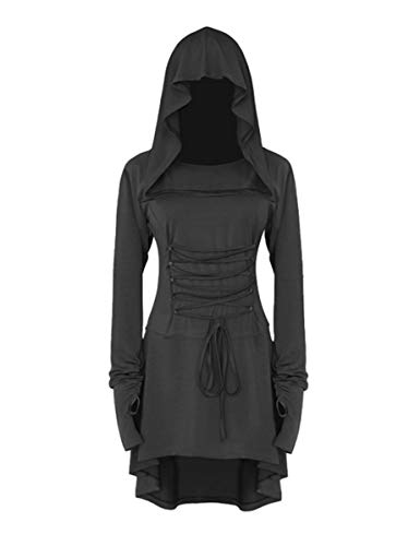 LATH.PIN - Disfraz de renacimiento de Halloween para mujer, vestido con capucha con cordones vintage Negro S