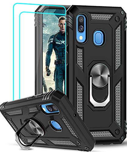 LeYi Funda Samsung Galaxy A40 con [2-Unidades] Cristal Vidrio Templado,Armor Carcasa con 360 Grados Anillo iman Soporte Hard PC y Silicona TPU Bumper Antigolpes Case para Movil A40,Negro