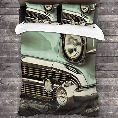 LiBei Juego de Ropa de Cama-Imagen de Estilo Retro de un Frente de un Coche Antiguo Verde Historia de Parachoques Estadounidense Pulido,Juego de Funda Nórdica y 2 Funda de Almohada(King 220x230cm)