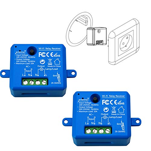 LoraTap 2 Piezas Interruptor WiFi Inteligente Módulo de Interruptor Inalámbrico Temporizador Control Remoto por App iOS o Android, Compatible con Alexa Echo, Google Home e IFTTT, 10A/2500W