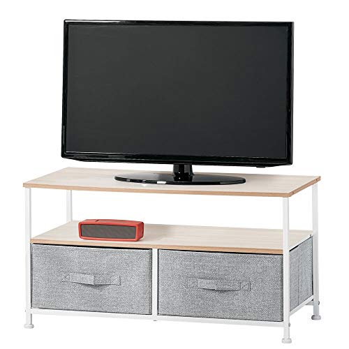 mDesign Mueble de TV con cajas organizadoras – Mesa para televisión estrecha con balda y 2 cestas de tela – Moderno mueble de salón para tele, reproductor de DVD y videoconsola – gris claro