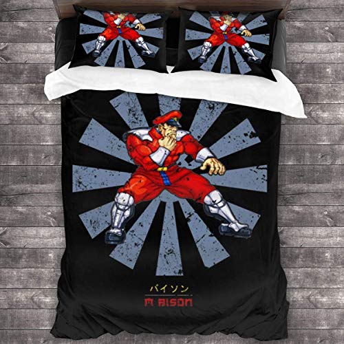 N \ A M Bison - Juego de ropa de cama de 3 piezas, diseño retro japonés Street Fighter, juego de cama decorativo de 3 piezas con 2 fundas de almohada