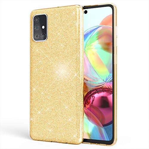 NALIA Purpurina Carcasa Compatible con Samsung Galaxy A71 Funda, Glitter Brillante Cubierta Protectora Telefono Movil Cover Case, Smartphone Bling Bumper Estuche Resistente Diamante, Color:Gold Oro