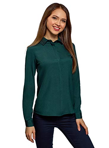 oodji Ultra Mujer Blusa con Decoración en el Cuello, Verde, ES 34 / XXS