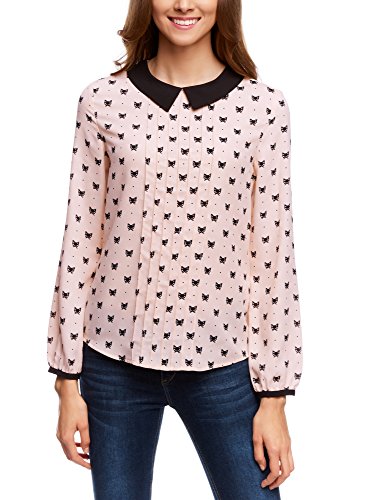 oodji Ultra Mujer Blusa de Tejido Fluido con Cuello en Contraste, Rosa, ES 36 / XS