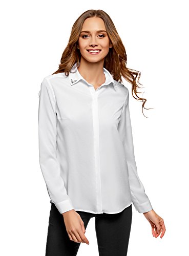 oodji Ultra Mujer Blusa Recta con Decoración en el Cuello, Blanco, ES 34 / XXS