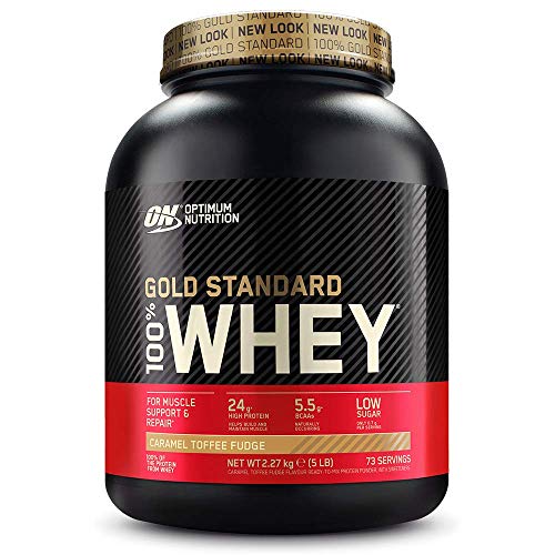 Optimum Nutrition ON Gold Standard 100% Whey Proteína en Polvo, Glutamina y Aminoácidos Naturales, BCAA, Toffee Fudge de Caramelo, 73 Porciones, 2.27kg, Embalaje Puede Variar