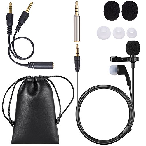 PChero Micrófono de Solapa, 3.5mm Micrófono omnidireccional Lavalier 2 en 1 Micrófono lavalier con audífono Connect para iPhone y Adaptador Divisor de Auricular Andriod + y Conector Adpater