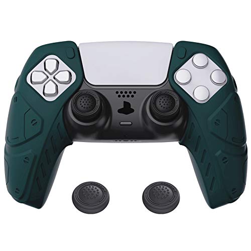 PlayVital Edición Mecha Oscuro Verde Funda de Silicona Suave para DualSense 5, Protector de Goma Ergonómica con Tapas para Joysticks para Mando PS5 - Compatible con Estación de Carga