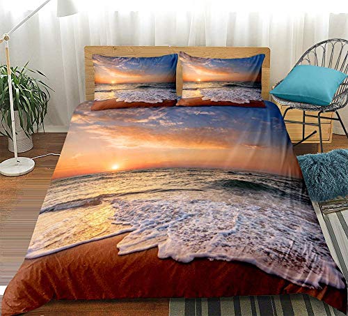 Prinbag Juego de Ropa de Cama de Playa Sunset Coast 3D, Juego de Funda nórdica de Marea oceánica para Adolescentes, niños, Textiles para el hogar, Ropa de Cama 2/3 Piezas 150x200cm