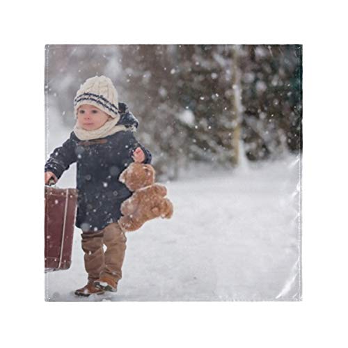 RAUP Satin Napkins Set of 6, Baby Playing Teddy Snow Winter Time,Square Printed Party & Dinner Cloth Napkins,20" X 20"