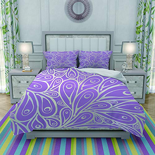 REIOIYE Juego de Funda nordica,Ropa de Cama,Purple Fantasy Doodle Peacock Feathers Pattern Phoenix Beautiful Beauty Bird Burn,Microfibra,Edredon 240x260cm con 2 Fundas de Almohada 50x80cm