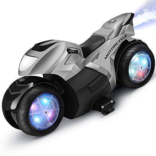 Rolytoy VraiJouet Coche Teledirigido, Motocicleta RC Acrobacia con Flujo Antiniebla Trasero e Iluminación LED, Rotación de 360 Grados, 2 Batería, Regalo para niños Navidad Cumpleaños (Gris)