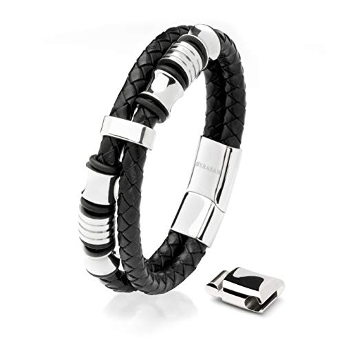 SERASAR 17cm Plata Pulsera de Cuero Hombre Chico Pulseras Hombres Brazalete Brazaletes Pulso Muñequera Muñequeras Bisuteria Bisutería Joyeria Nudos Cuerda Cuerdas Bracelet Men Jewellery Unisex Ancha