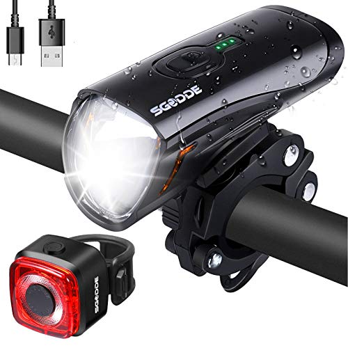 SGODDE Juego de Luces LED para Bicicleta, Lámpara de Bicicleta StVZO, Luz de Bicicleta, Luz Impermeable Recargable USB, Luz Delantera Súper Brillante y Luz Trasera Luz Roja para Bicicleta