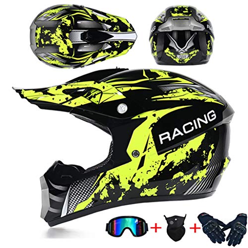 SHANREN Cross Casco De Moto Motocross Integral, 4pcs Juego de Casco de Moto + Gafas + Guantes de Motocicleta + Mascarilla, para Hombre Mujer, Apto para Adultos y niños,M