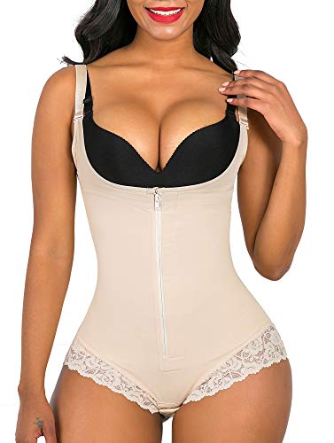 SHAPERX Mujer Bodysuits Underbust Body Shaper Abdomen Adelgazar Lencería Moldeadora Slimming Cremallera de Encaje Shapewear Bajar Peso,UK-DT7200-Beige-3XL