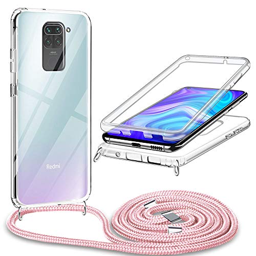 Solaxi-EU Funda con Cuerda para Redmi Note 9, Transparente Protección de 360 Grados PC + TPU Silicona Bumper Antihuellas Colgante Ajustable Collar Carcasa para Redmi Note 9, Oro Rosa