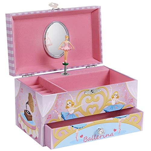 SONGMICS JMC012P03 - Caja de música con cajón, ruedas para anillos y varios compartimentos, melodía del lago de cisne, diseño de bailarina, color rosa