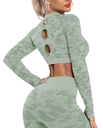 STARBILD, Top de Yoga, con Manga Larga para Mujer, para Gym Pilates para Fitness Yoga, color Camuflaje - Verde - Talla M